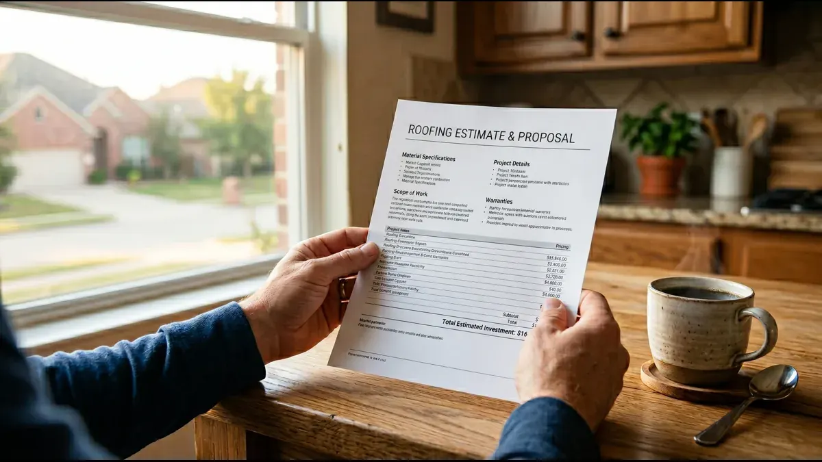 Roofing estimate on kitchen counter