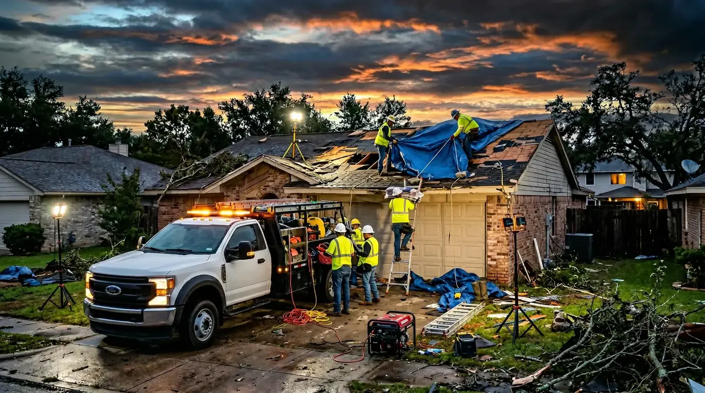 Emergency roofing crew responding at dusk