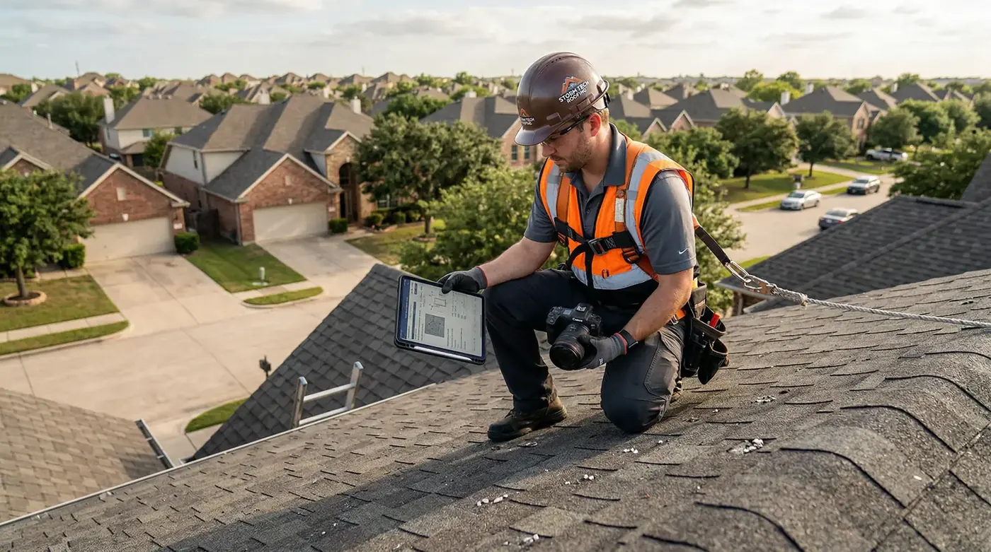 Roof inspector documenting damage for insurance claim
