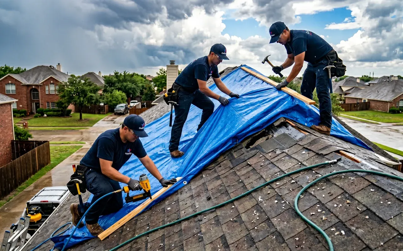 Storm damage roof repair in Frisco TX 75034 — emergency tarping and hail damage restoration by OakStar Roofing