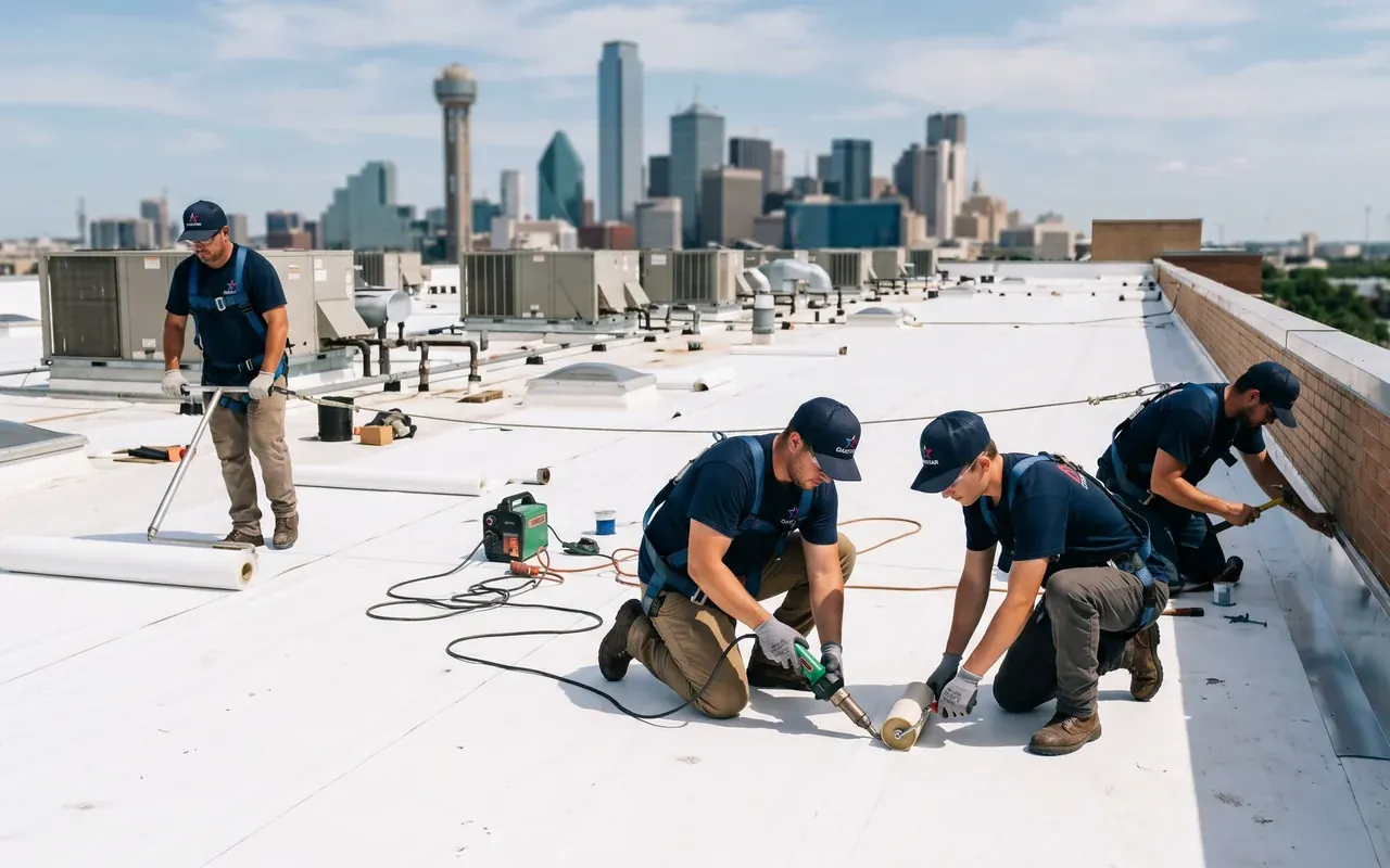 Commercial roofing contractor in Fort Worth Texas — TPO flat roof and standing seam metal installation by OakStar Roofing